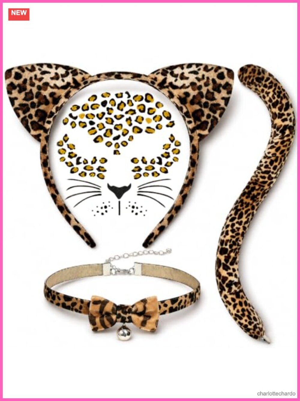 Cheetah Ears Headband Tail Collar Face Stickers Costume Set